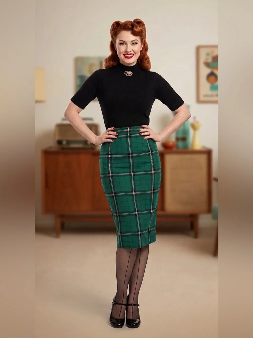 Collectif Classic Green Plaid Pencil Skirt - Tailored Vintage Style, Large, EUC